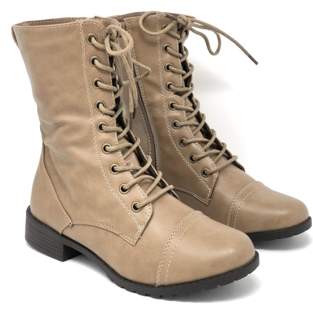Forever Link Womens Round Toe Military Low Heel Combat Boots